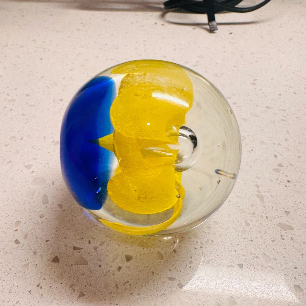 Vintage Art Glass Paperweight with Yellow Flower - Picture 3 of 5
